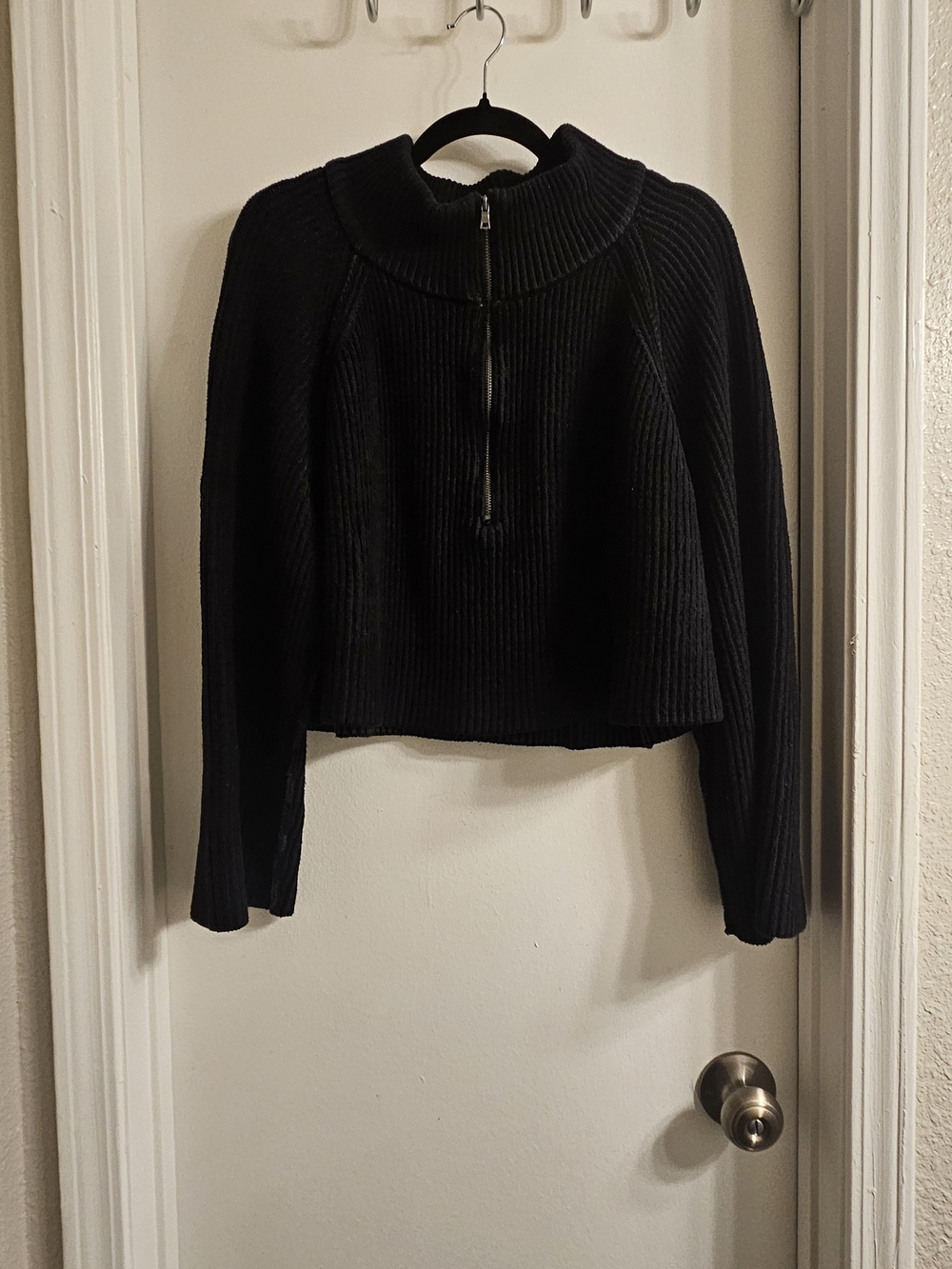 Free People Black Ribbed Cropped Half‑Zip Turtleneck Sweater